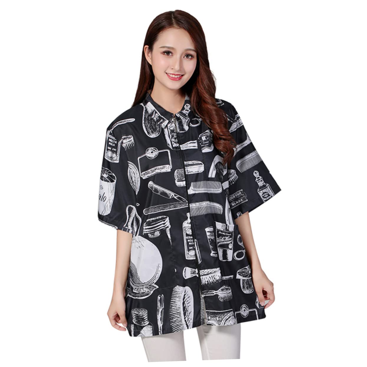 Beaupretty Delantal y Uniforme de Peluquería Bata de Peluquero Cierre Cremallera y Bolsillo, Manga Corta, Transpirable, Seca Rápido, para Trabajo Negro Xl