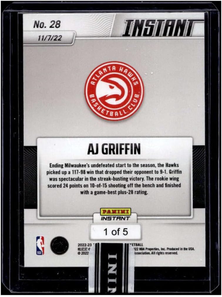 AJ GRIFFIN RC SSP 2022-23 Panini Instant VersiColor 1/5 ROOKIE #28 Hawks MT-MT+ NBA Basketball