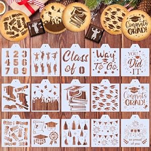Whaline 15Pcs Graduation Bread Cookie Stencils Grad Cap Diploma Assorted Airbrush Painting Stencils with Bead Chain Congrats Grad Biscuit Cake Baking Templates for DIY Craft Graduation Party