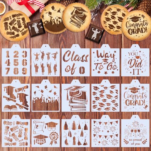 Whaline 15Pcs Graduation Bread Cookie Stencils Grad Cap Diploma Assorted Airbrush Painting Stencils with Bead Chain Congrats Grad Biscuit Cake Baking Templates for DIY Craft Graduation Party