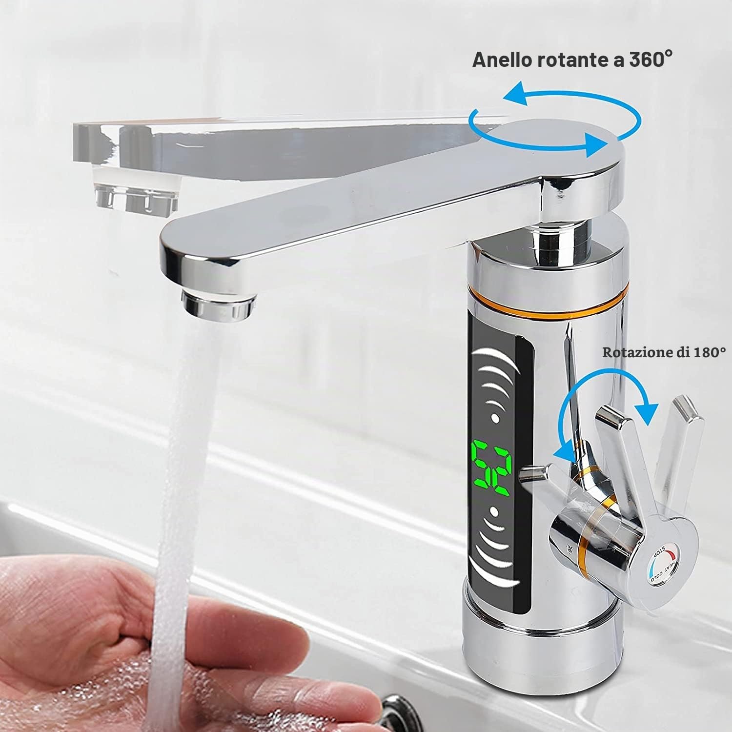 Scaldabagno elettrico istantaneo, rubinetto girevole a 360°, con indicatore di temperatura LED, 3000 W, bagno cucina, acqua e riscaldamento rapido