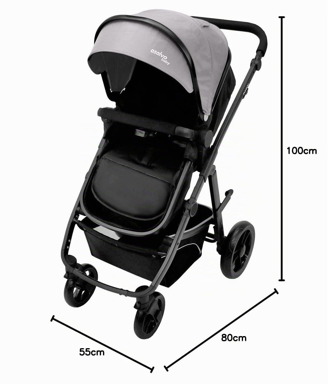 Asalvo TWO+ 2 Trío Convertible 3 en 1, Silla de Paseo, Carrito de bebé, Silla de Auto, Plegable, Compacto y Reclinable, Suspensión en las ruedas, Silla reversible, Amplio capazo, hasta 23 kg, Gris
