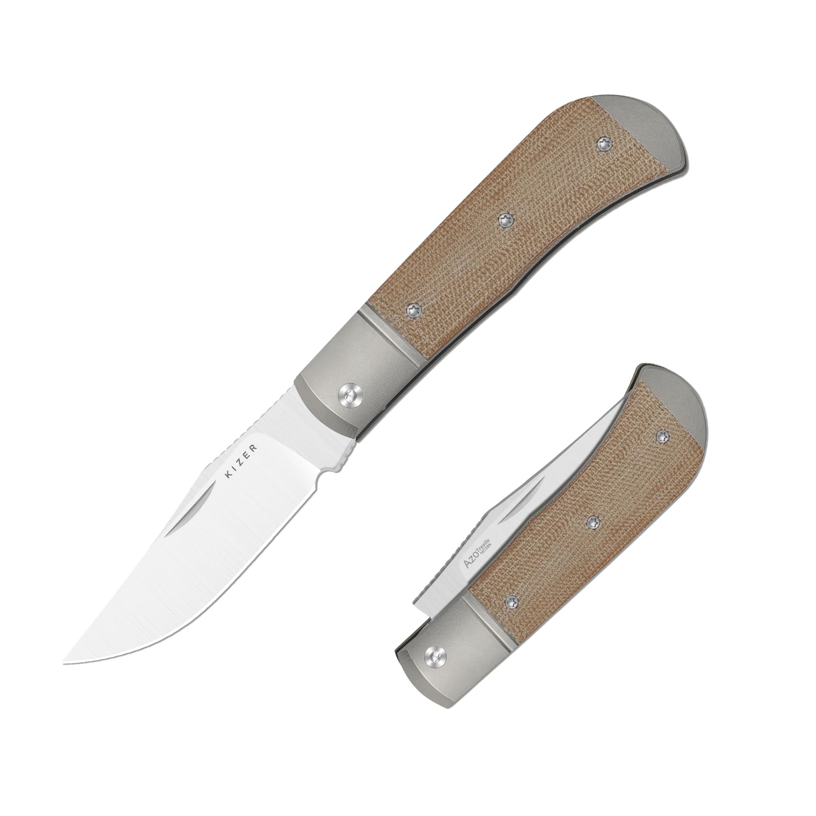 Kizer Trestle Couteau de Poche, Lame 7,35 CM 14C28N Couteau EDC Slip Joint avec Manche en Titane Argenté et Micarta Marron, Petits Couteaux Pliants avec Ouvre-Boîte, V3761A1
