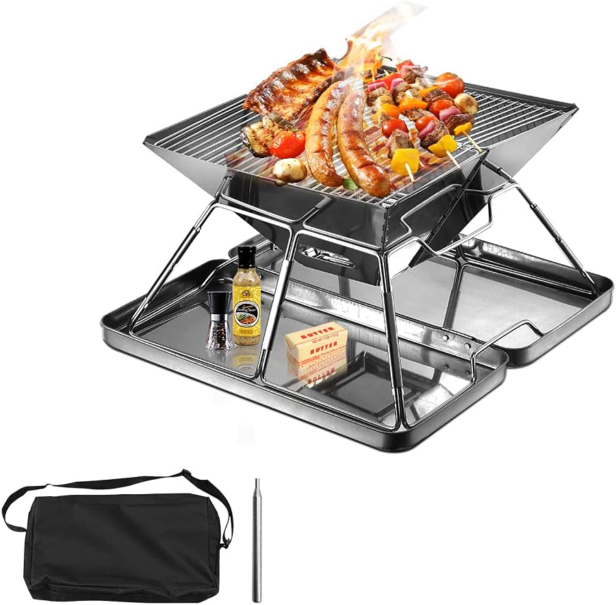 Folding Campfire Grill, Lieber Camping Fire Pit Portable Over Fire Camp Grill Outdoor Wood Stove Burner with Carrying Bag for Outdoor Open Flame Cooking- 304 Premium Stainless Steel