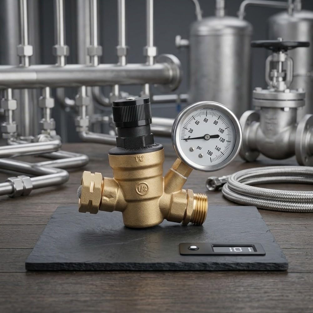 Riduttore di pressione dell'acqua manuale da 3/4" con manometro, regolabile 40-50 PSI, in ottone e acciaio inox, filettatura per tubo da giardino per camper, camper e barca