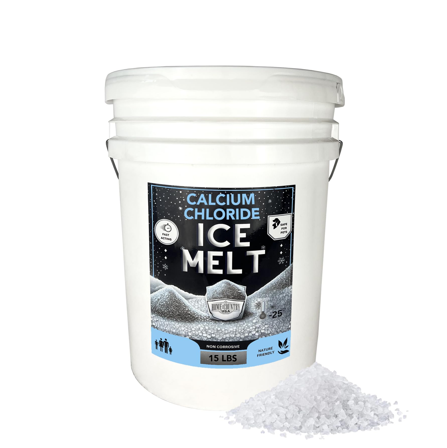 Home and Country USA 15 lb Pail - Calcium Chloride Pellets for Ice Melt - Fast-Acting & Safe on Surfaces - Ideal for Driveways, Sidewalks, and Entryways