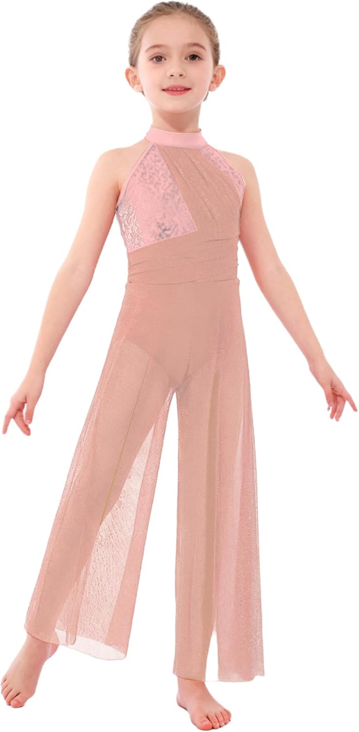 iiniim Sleeveless Ballet Dance Jumpsuit for Girls Sequins Crisscross Back Jazz Ballroom Dance Unitard Bodysuit
