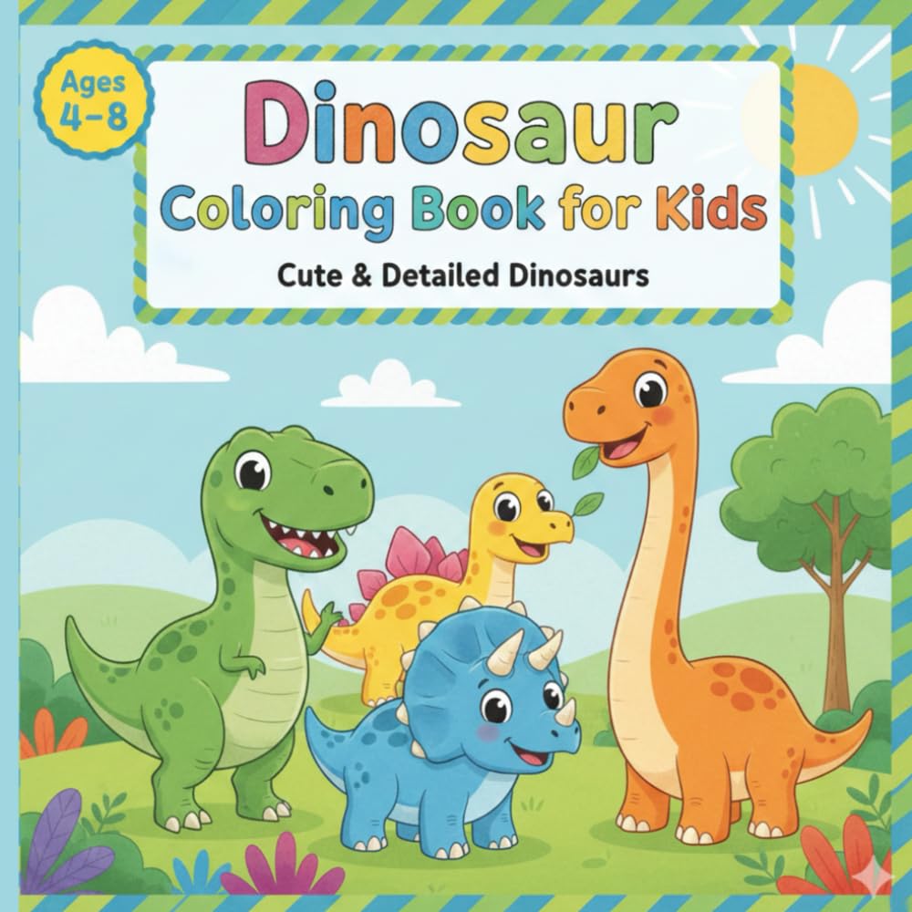 Dinosaur Coloring Book for Kids Ages 4–8: Cute & Detailed Dinosaurs | Fun, Easy Coloring Pages