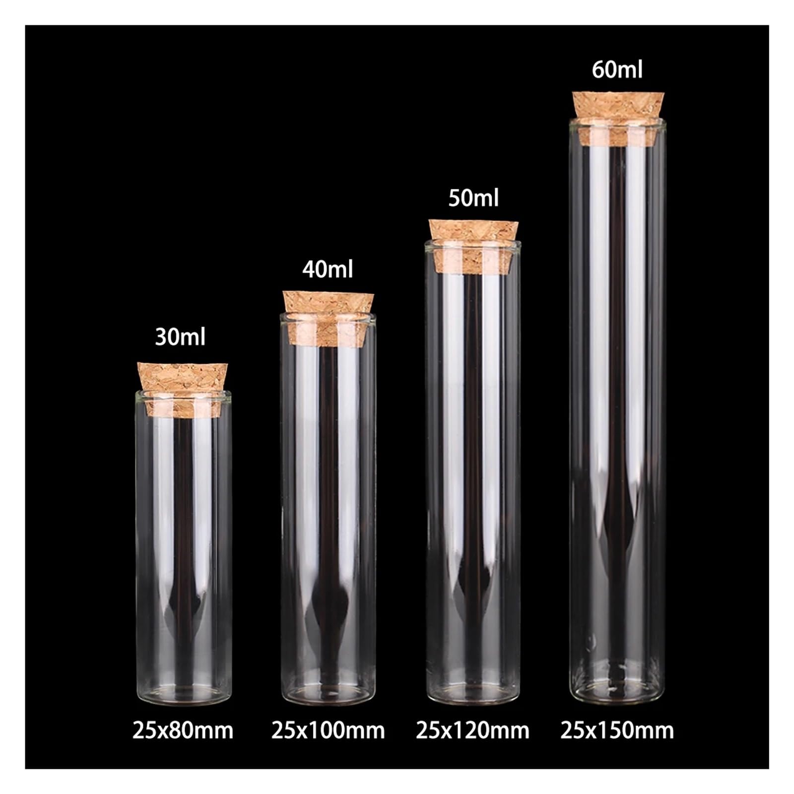 Provette Vetro 24 pz/lotto 30 ml/40 ml/50 ml/60 ml Piccola Provetta di Vetro con Tappo di Sughero Confetti Barattoli for la Cerimonia Nuziale Artigianato FAI DA TE(50ml - 25 x 120mm)