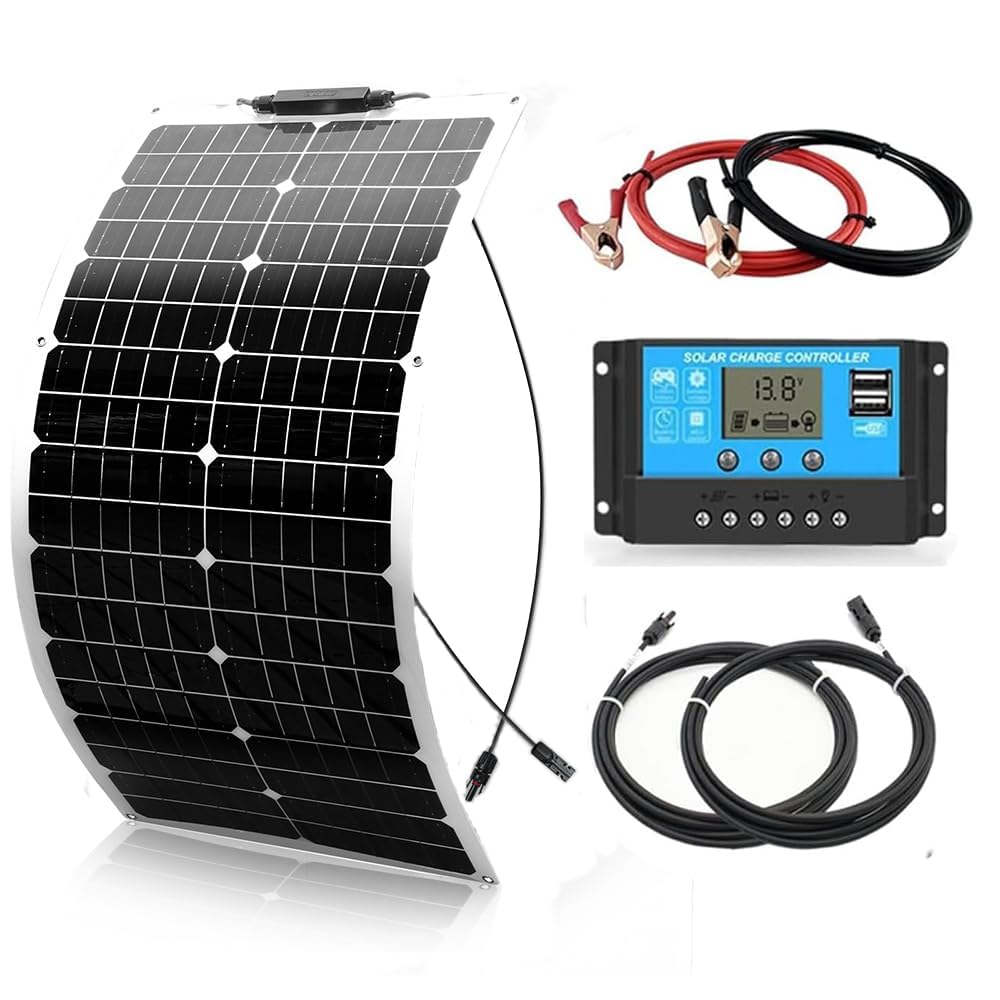 Flexible Solarpanel Kit 50w Solar Set 12V, 50Watt Solaranlage Wohnwagen | Solarmodul Komplettset mit 10A 12V/24V Solar-laderegler Solarkabel für 12v Batterien Wohnmobil Camping Boot