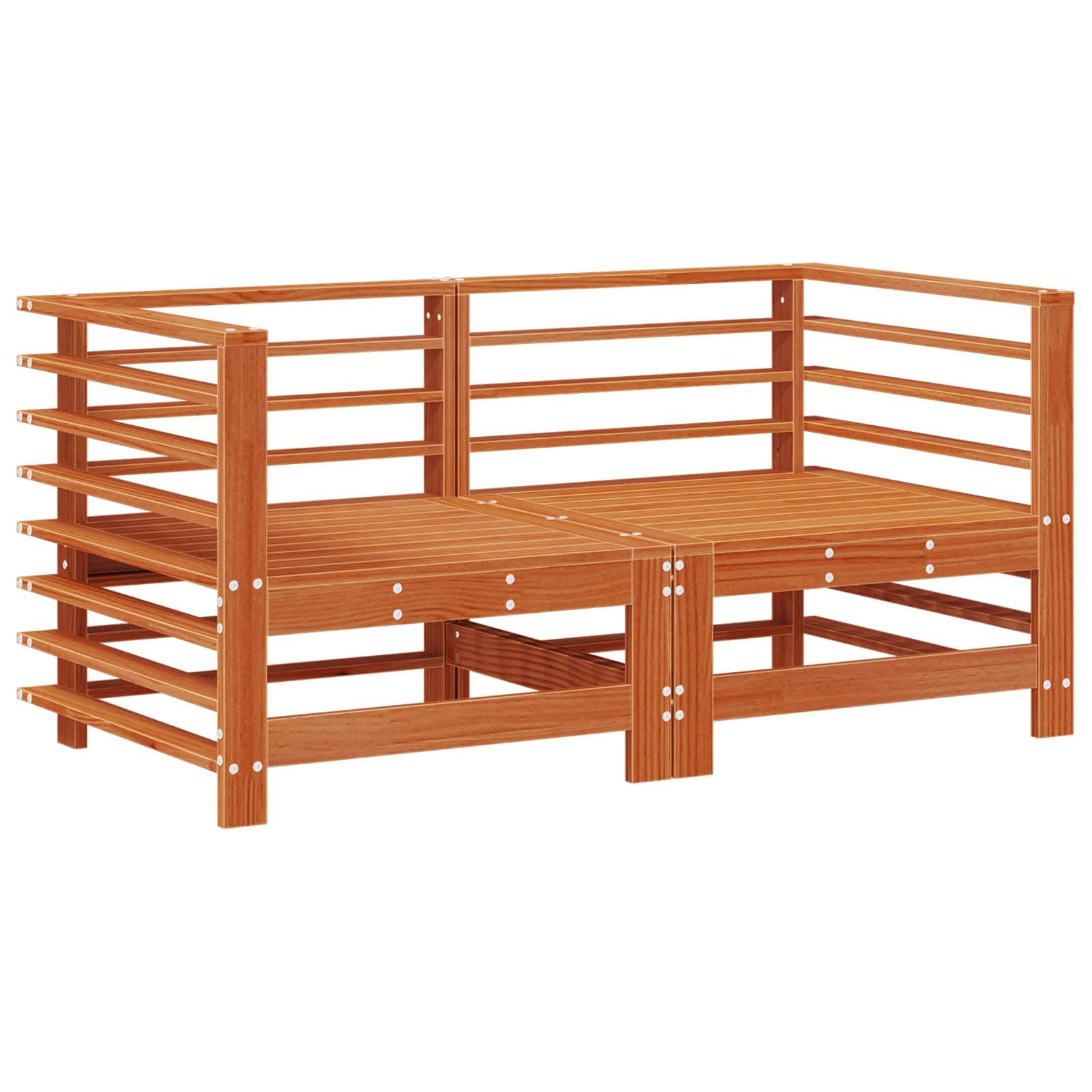 Sofá esquinero de jardín de madera maciza de pino, color marrón cera, resistente a la intemperie, elemento de salón exterior con disposición modular para terraza, balcón y jardín
