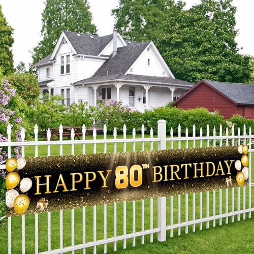 Image of TZSS Black & Gold 80th Birthday Banner Decorations - Extra Large Reusable Yard Sign for Men & Women, 80th Celebration Party Decor Indoor Outdoor, Platinum Jubilee Happy 80th