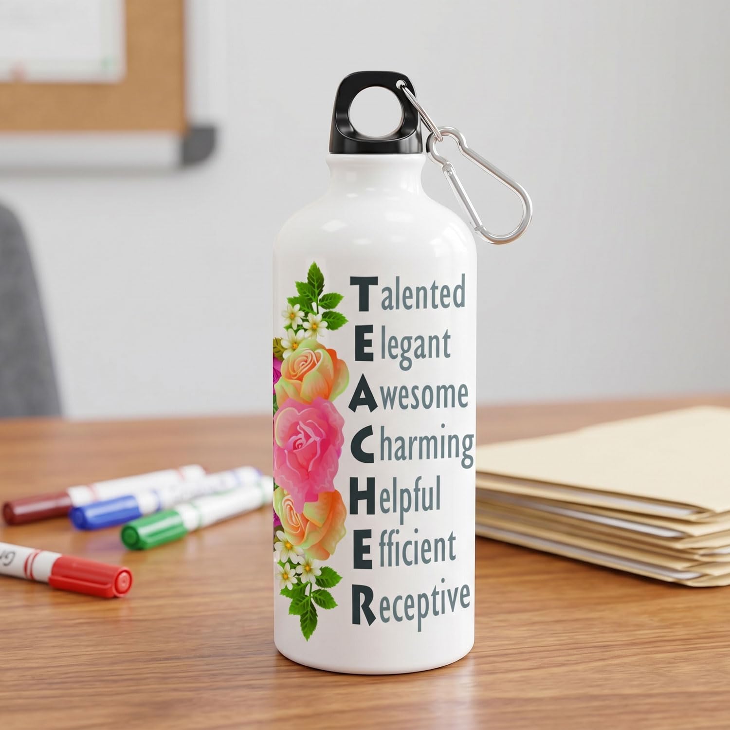 Teacher's Day Water Bottle Gift – Special Leakproof White Sipper Bottle with Carabiner & Inspirational Teacher Print, Appreciation Gift for Professor, Principal, Sir, Madam, Ma'am, Mentor, Tutor