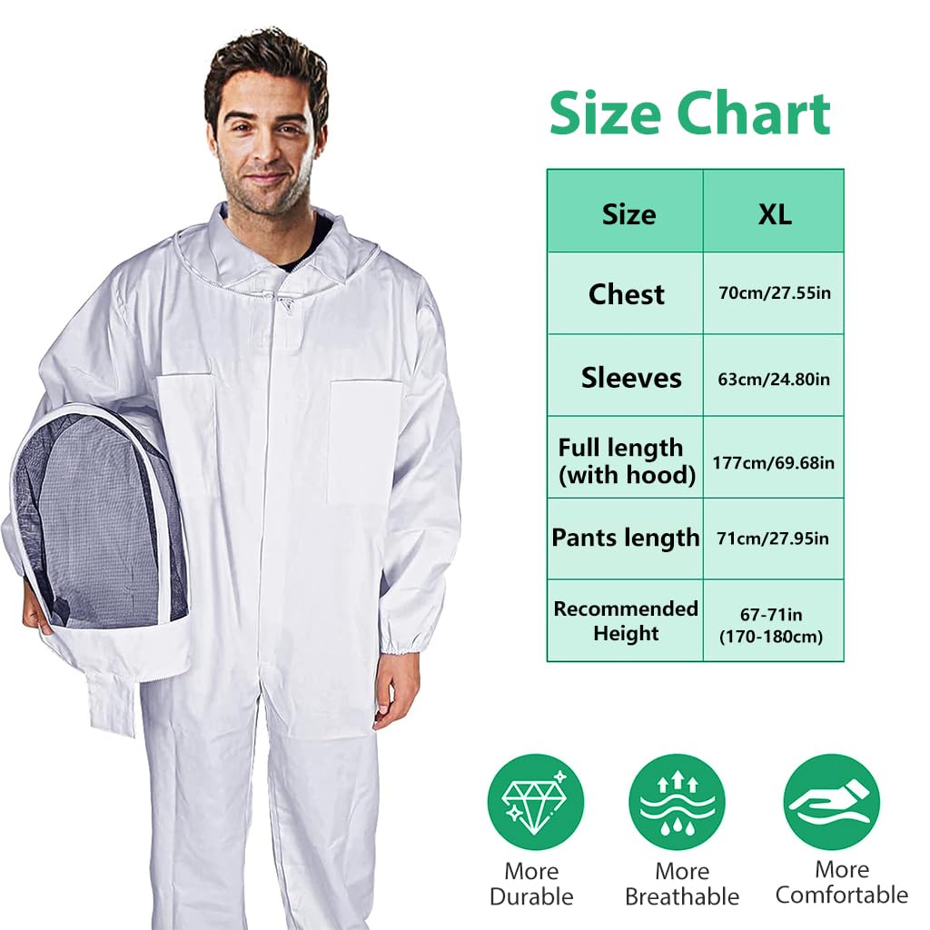 HASTHIP® Bee Suit with Protective Mesh Face Cover Hood Zip Up Long Sleeve Jumpsuit Breathable Outdoor Summer Bee Suit for 175-185cm Height Adult - Image 4 thumbnail