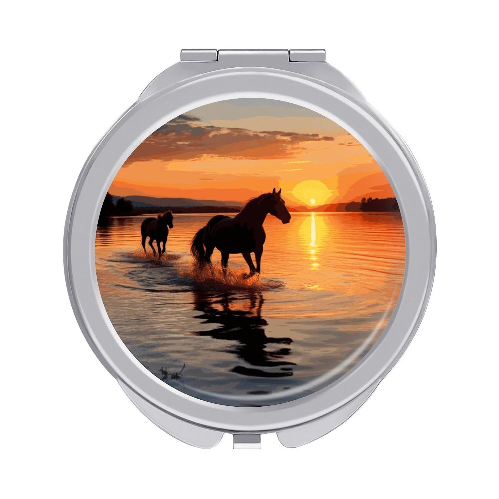 JTREHY Sunsets Lake Horses Makeup Mirror Silver Mirror Surface Folding Makeups Mirrors Lightweight Durable Looking Glass for Suitable Traveling Handbag and Purses