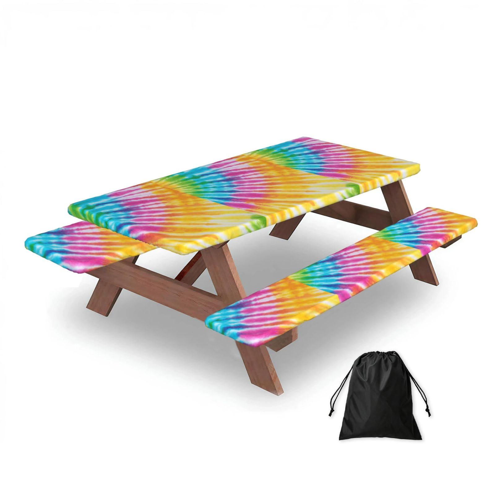 Dopklna As Picture Colorful Spiral Tie Dye Rainbow, Picnic Table Cover With Bench Covers -Waterproof Elastic Fitted Tablecloth For Garden Camping Patio 76X152cm