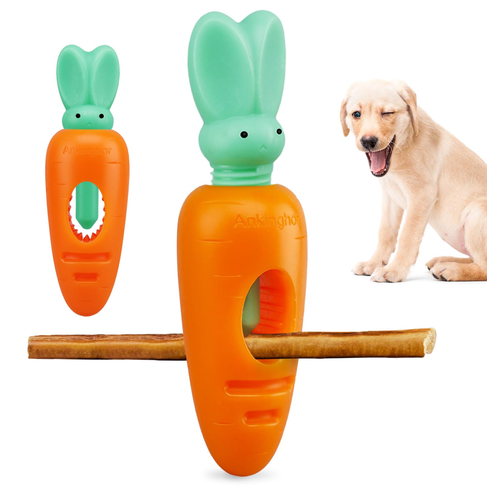 Ankinghor Bully Stick Holder for Dogs, Durable Dog Bone Yak Treat Chew Holder, Prevent Choking Safety Device for Pups Small Medium Dogs - No More Swallowed Ends (Bunny&Carrot Style-7in)