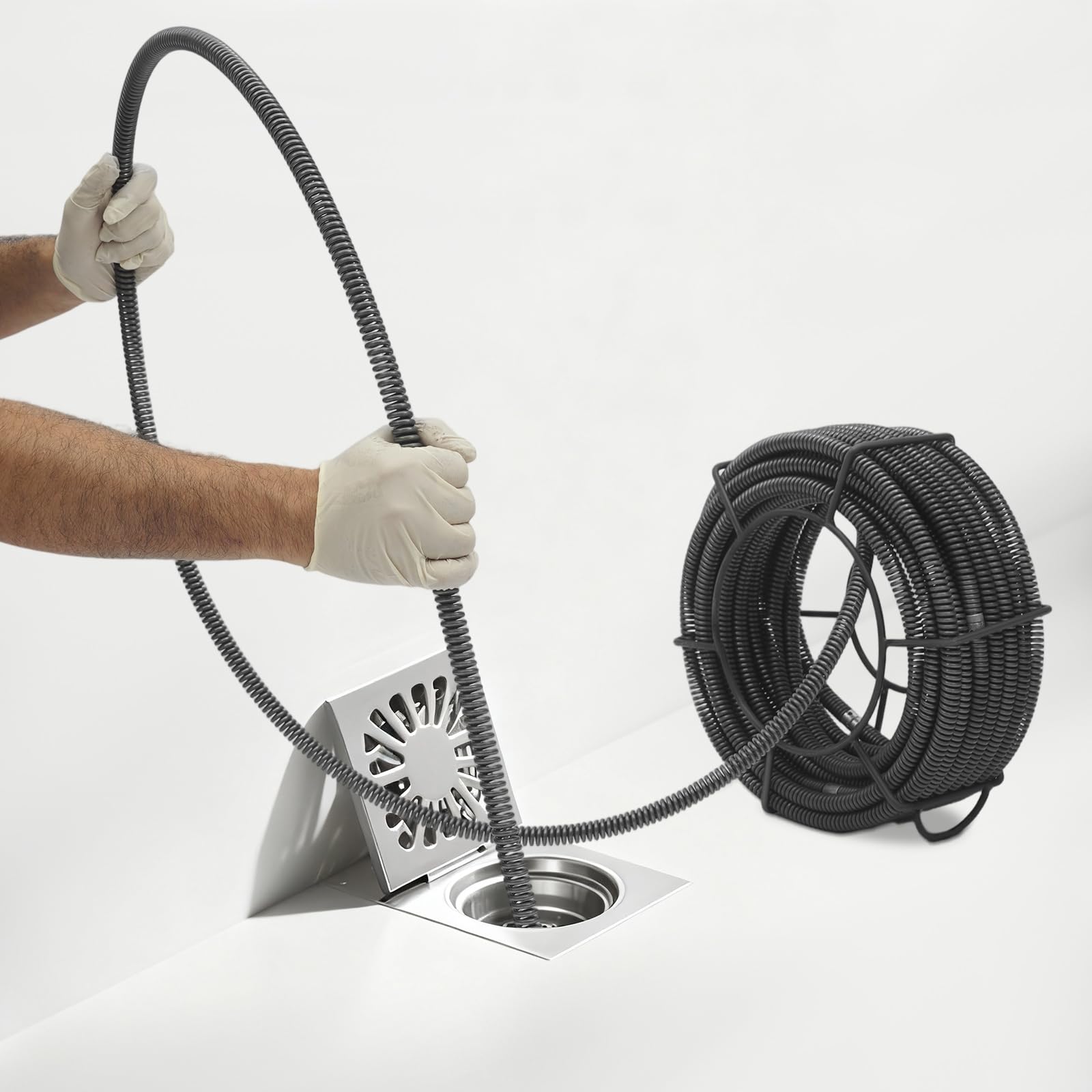 Espiral de limpieza de tuberías de 20 m, espiral flexible, con estante de almacenamiento para cocina, baño, contra obstrucciones en tuberías de desagüe