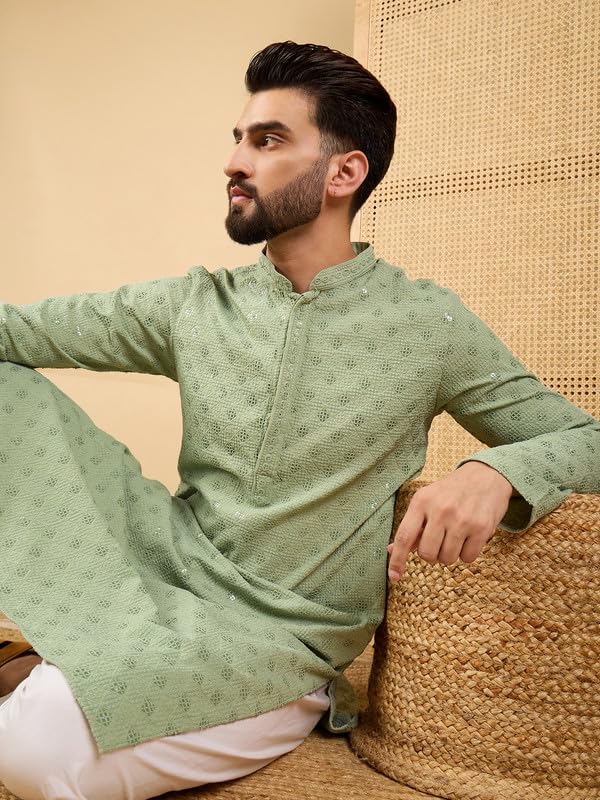 Image of Men's Solid Embroidered Long Straight Kurta | Men's Kurta | Embroidered Chikankari Kurta for Men | Straight Fit Kurta for Men