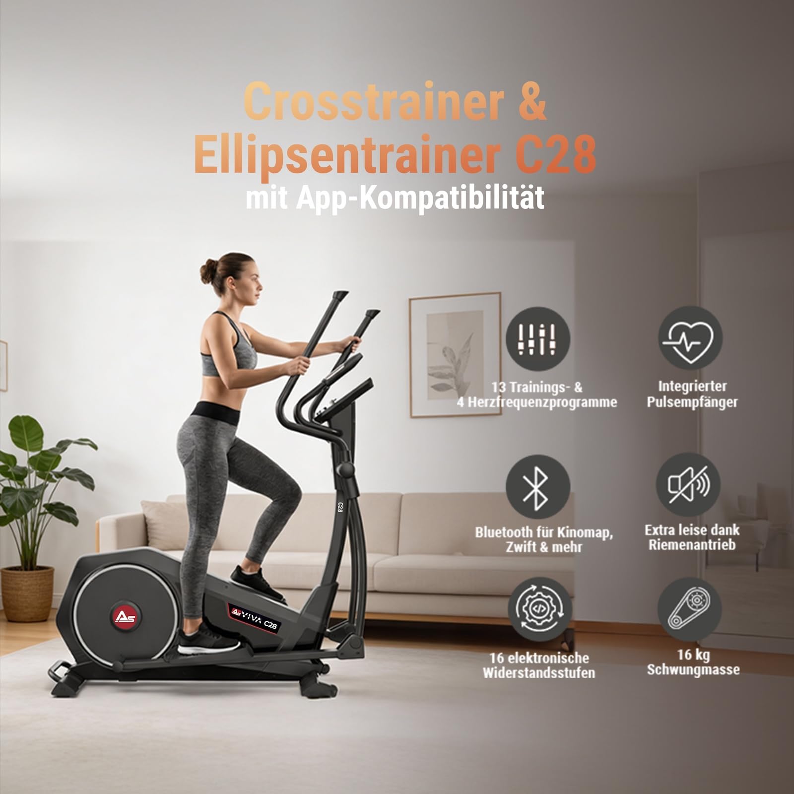 AsVIVA C28 Pro Crosstrainer, Ellipsentrainer Heimtrainer, 16 kg Schwungmasse, elektrischer Widerstand, Pulsmessung, leise, für Zuhause