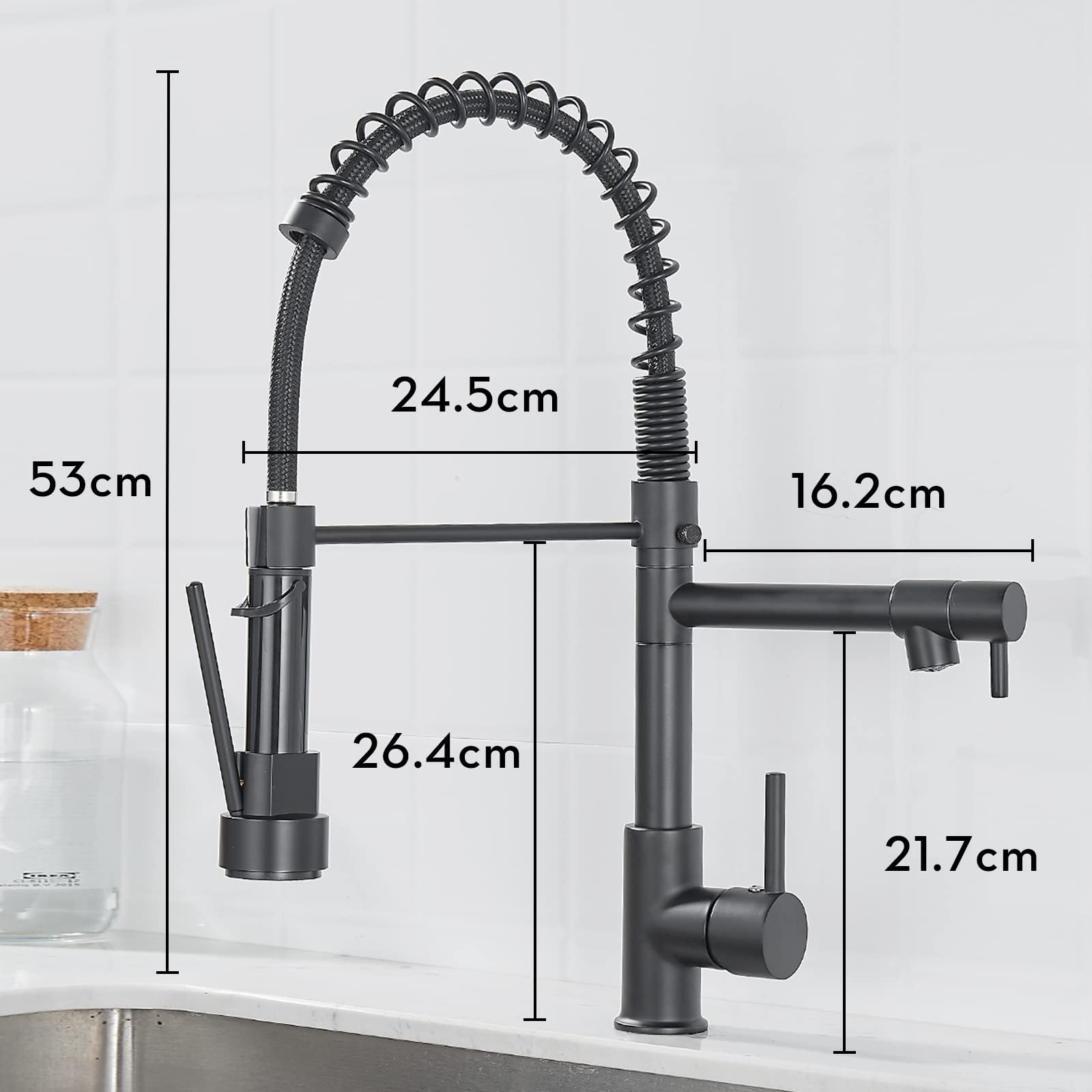 Grifo de cocina con ducha, giratorio 360°, con muelle en espiral, color negro