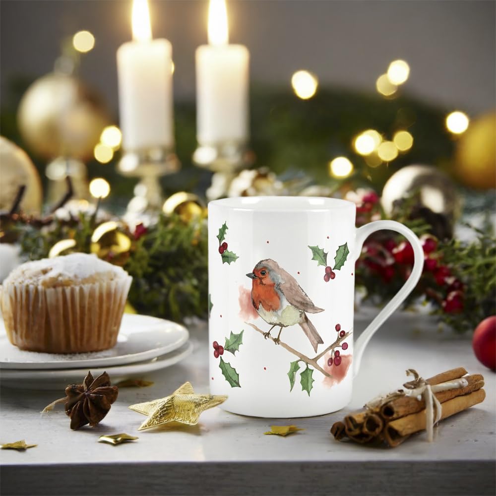 Purely Home Robin Holly Mug - Large Christmas Robins Bone China Style White Xmas Berries Coffee/Tea Present Gift - Image 3