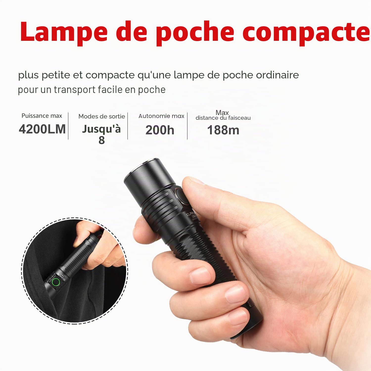 klarus G15 4200 Lampe de Poche Led Ultra Puissante Rechargeable, Lampe Torche,Compacte EDC Interrupteur Latéral Torche avec 5000mAh Batterie + sac en tissu