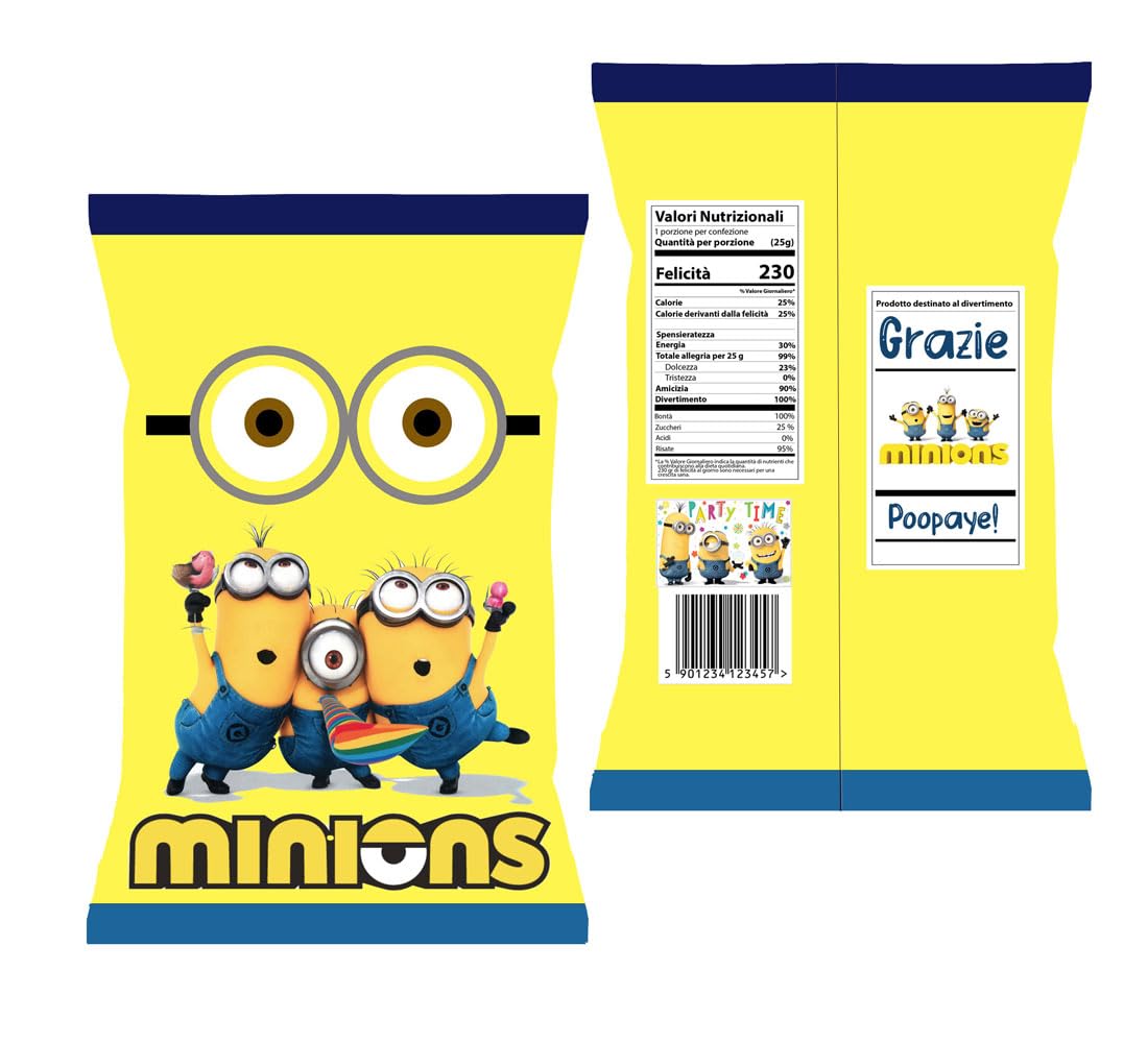 10 Buste di Patatine Personalizzate da 25g, Confezioni per Battesimo, Compleanni, Regalini Fine Festa per Bambini e Bambine, Grafica a Scelta, Vari Temi (Minions)