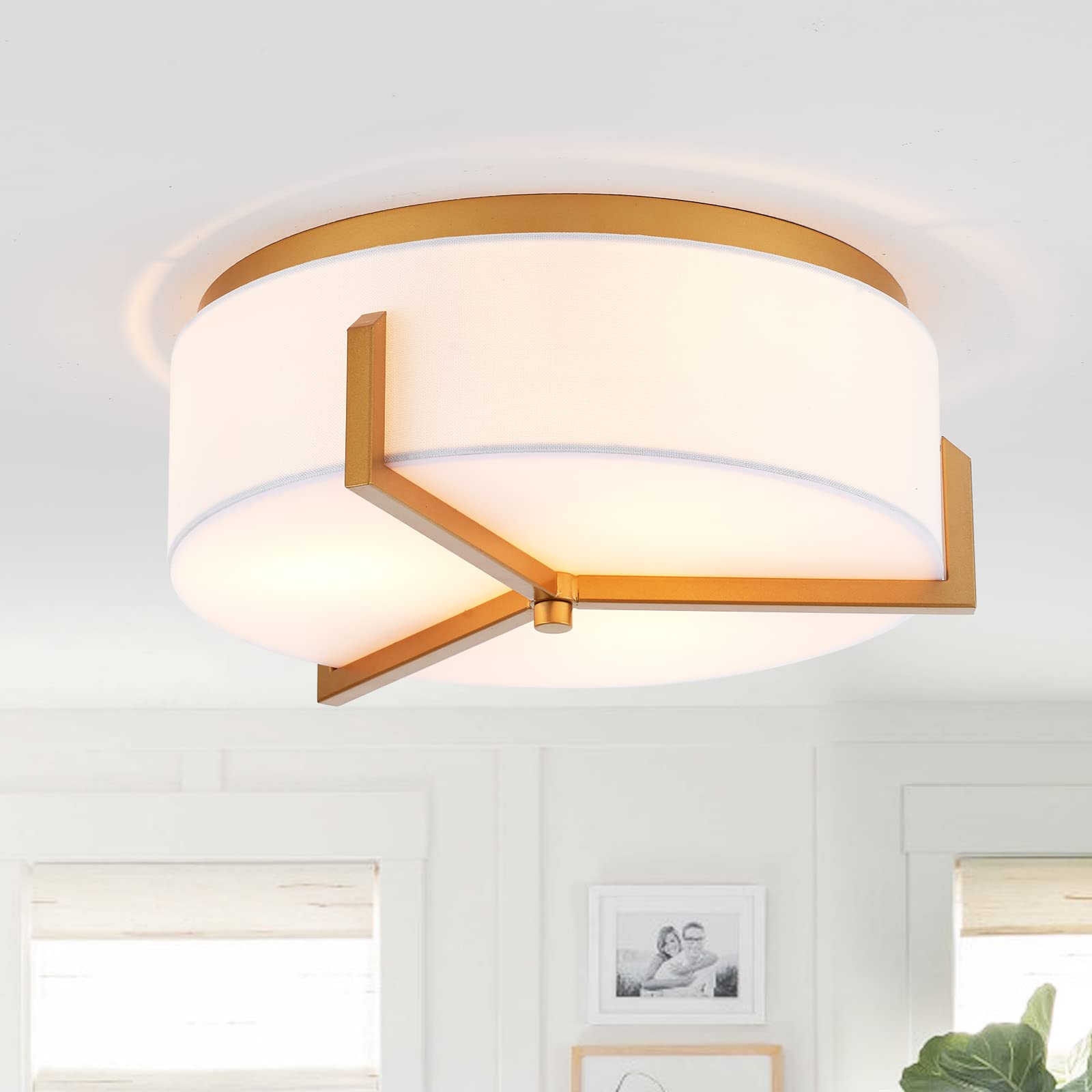 MhyTogn Semi Flush Mount Ceiling Light Fixture, Antique Brass Brush Paint Finish Modern Ceiling Lamp with Cream White Fabric Drum Shade for Nursery Kids Room Entryway Bedroom Kitchen Hallway 3-Light