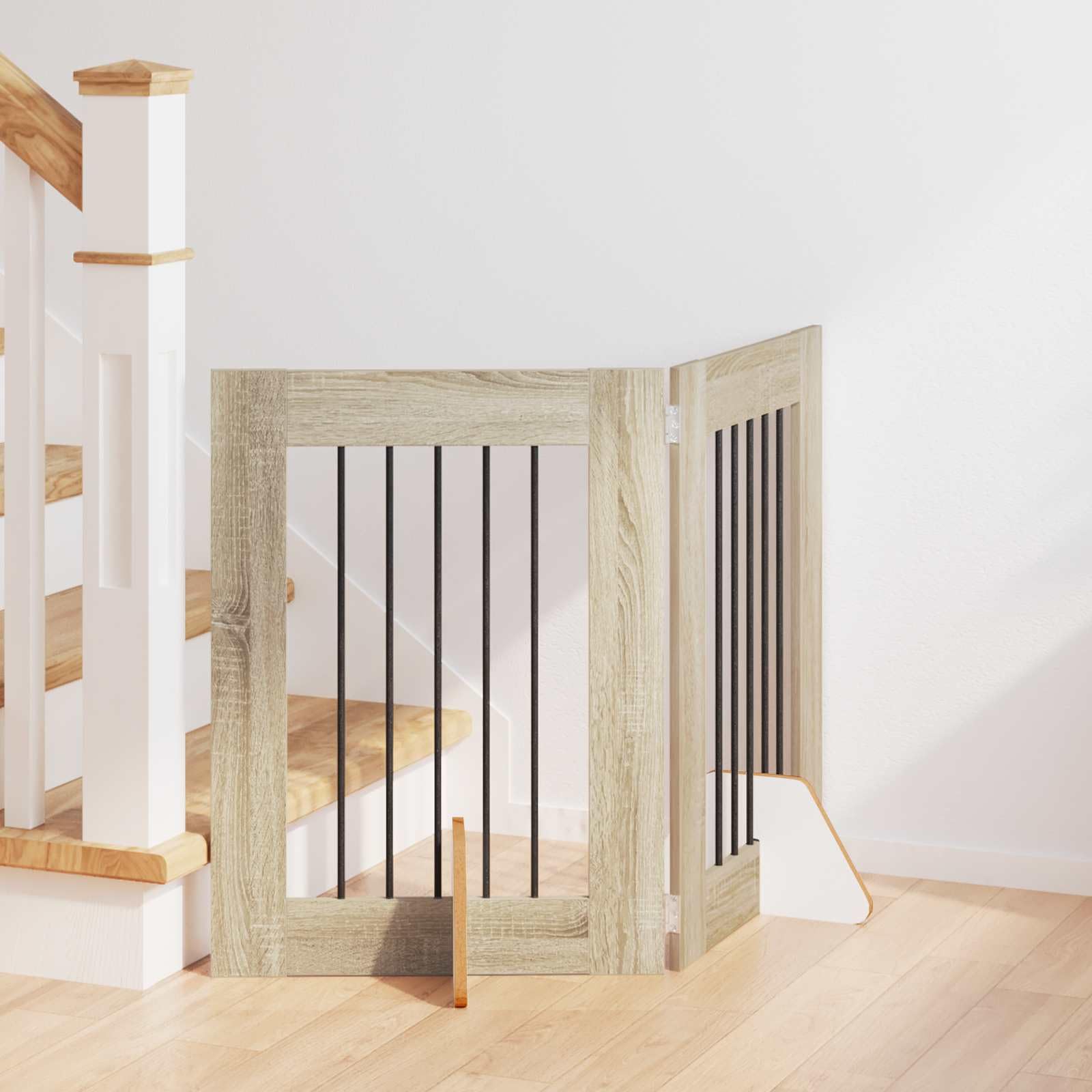 Puerta para perros con soporte, 2 unidades, roble Sonoma, 60 x 60 cm, plegable, portátil, modular, ampliable, protección ampliable, barrera segura para entrenamiento de cachorros
