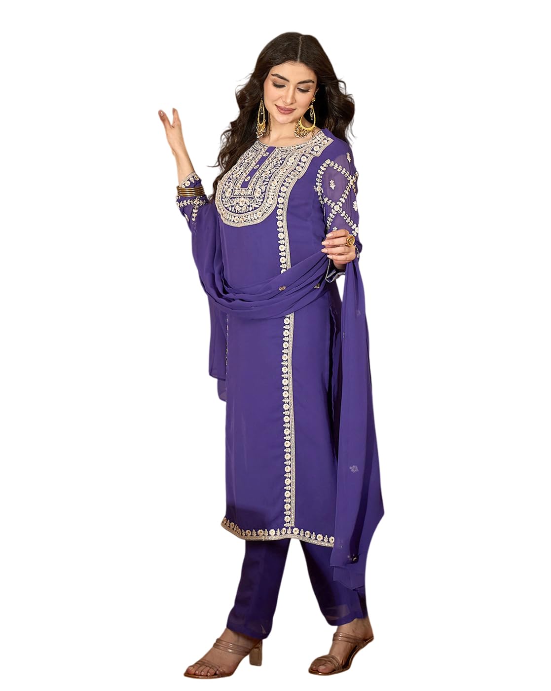 amazon brand - tavasya Women Georgette Zari Sequence and Thread Cording Embroidery Kurta Set|Salwar Suit|3 Piece Set-picture-39