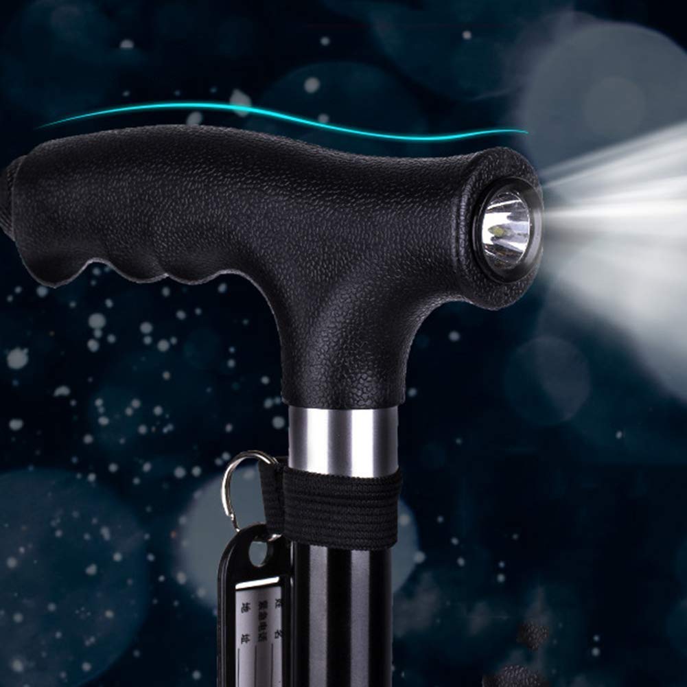 MObyat Andador para Ancianos,Bastón, Práctico con Luces LED Bastón Ligero Ajustable Retráctil De Aleación De Aluminio, Bastón Portátil con Mango Ergonómico, Base Antideslizante Cuatro Pies Negro