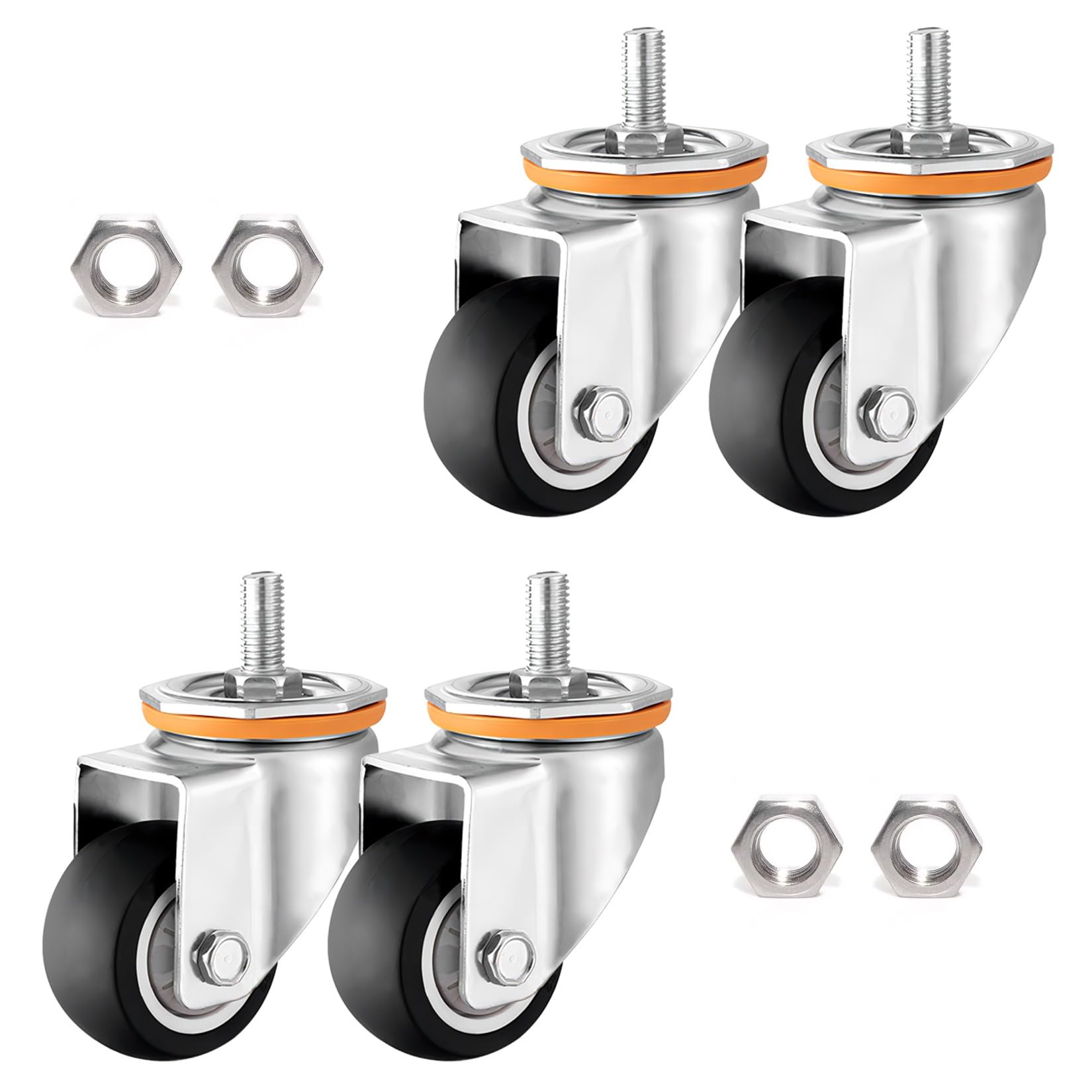 GYRAZXS Set of 4 TPR Rubber Swivel Casters with Brake 360° Rotating Replacement Wheels 6m 75mm 100mm 125mm Diameter M10 M12 Thread Stem Ideal for Trolleys Furniture Workbench