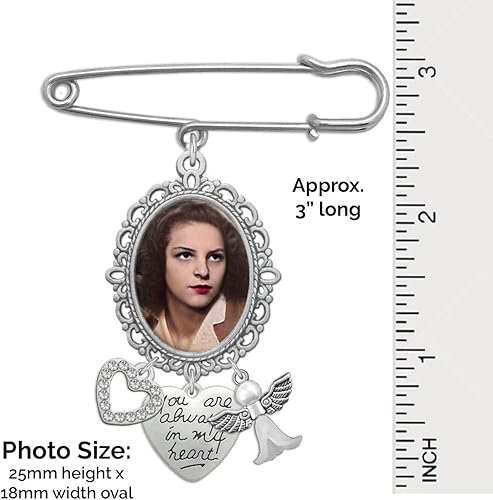 Miniatura 3 de Memory Charm for Wedding Bouquet Memorial Photo Pin Brooch Remembrance Charm for Bride with Rhinestone Heart Guardian Angel and Always in My Heart