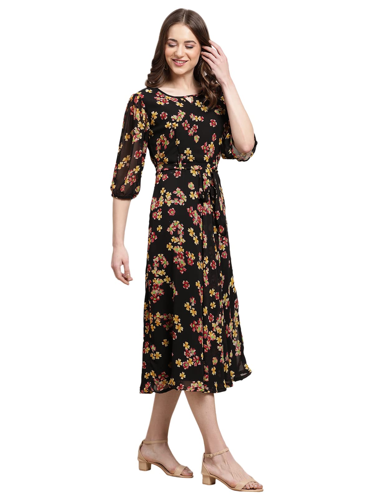 Preneum Women's Maxi Fit & Flare Latest Style Print Georgette Regular Sleeves Casual Summer Maxi Dress || Festival & Occasion, Black, Xl