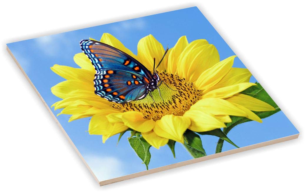 Sam Sandor 8 Inch Ceramic Tile Art - Beautiful Yellow Flower Sunny Skies with Blue Butterfly