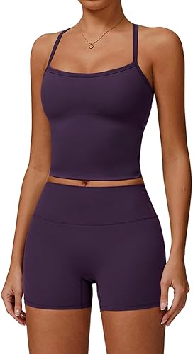 Conjunto de ejercicio de dos piezas para mujer, camiseta sin mangas con pantalones cortos de cintura alta a juego, levanta los glúteos, ropa