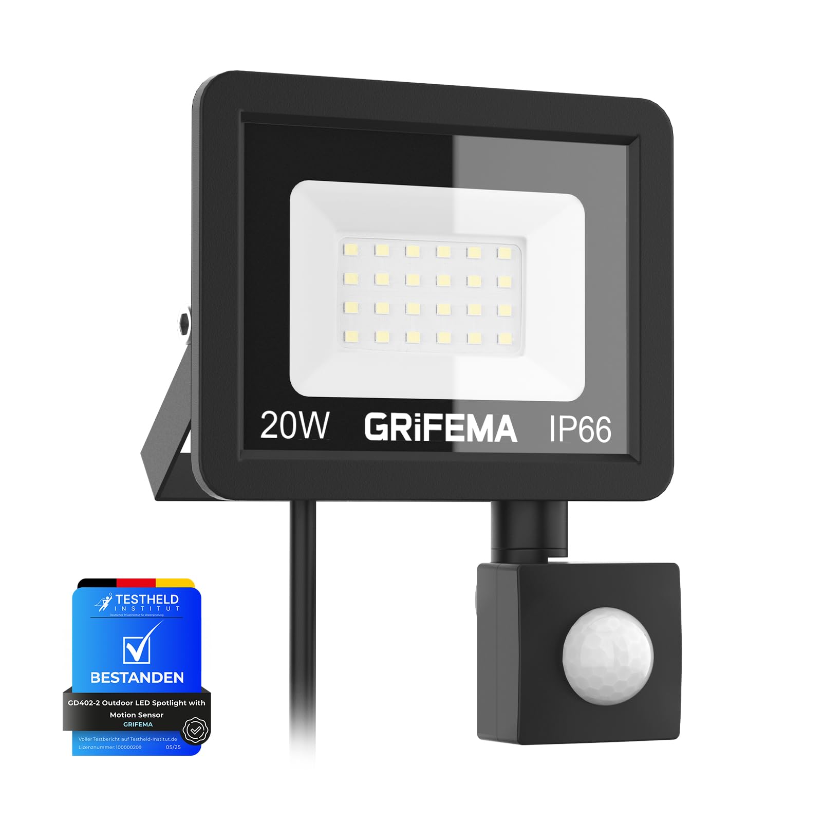 GRIFEMA 20W LED Strahler Mit Bewegungsmelder, 2200LM, 6500K Kaltweiß, IP66 Wasserdicht, 180° Verstellbare Halterung Für Garten, Garage, Hof, Außenbeleuchtung, Ohne Stecker