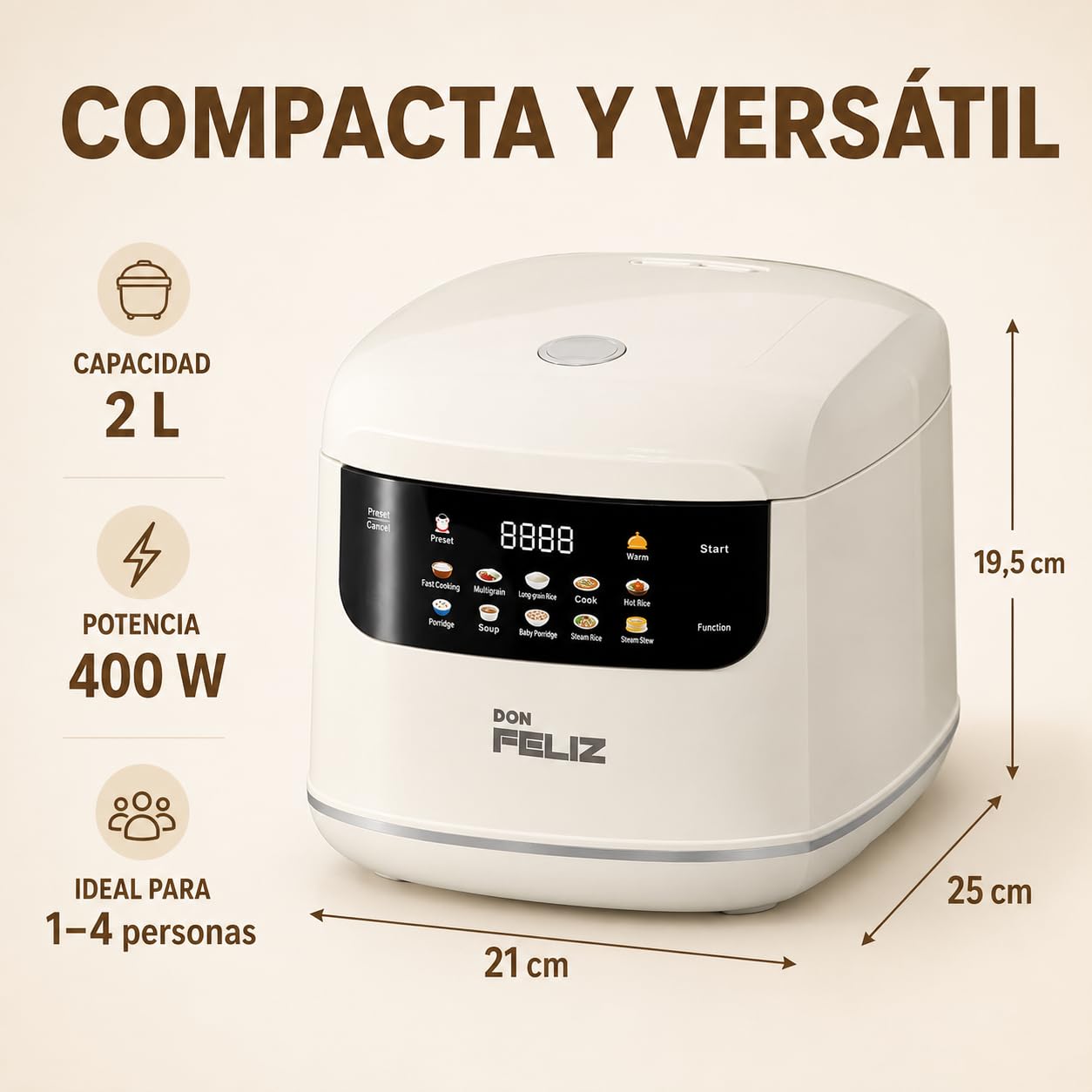 Don Feliz Arrocera Eléctrica 2 L para 1-4 Personas, Olla Arrocera Digital con 10 Programas, Cesta Vaporera, Temporizador 24 h, Mantener Caliente y Recipiente Antiadherente
