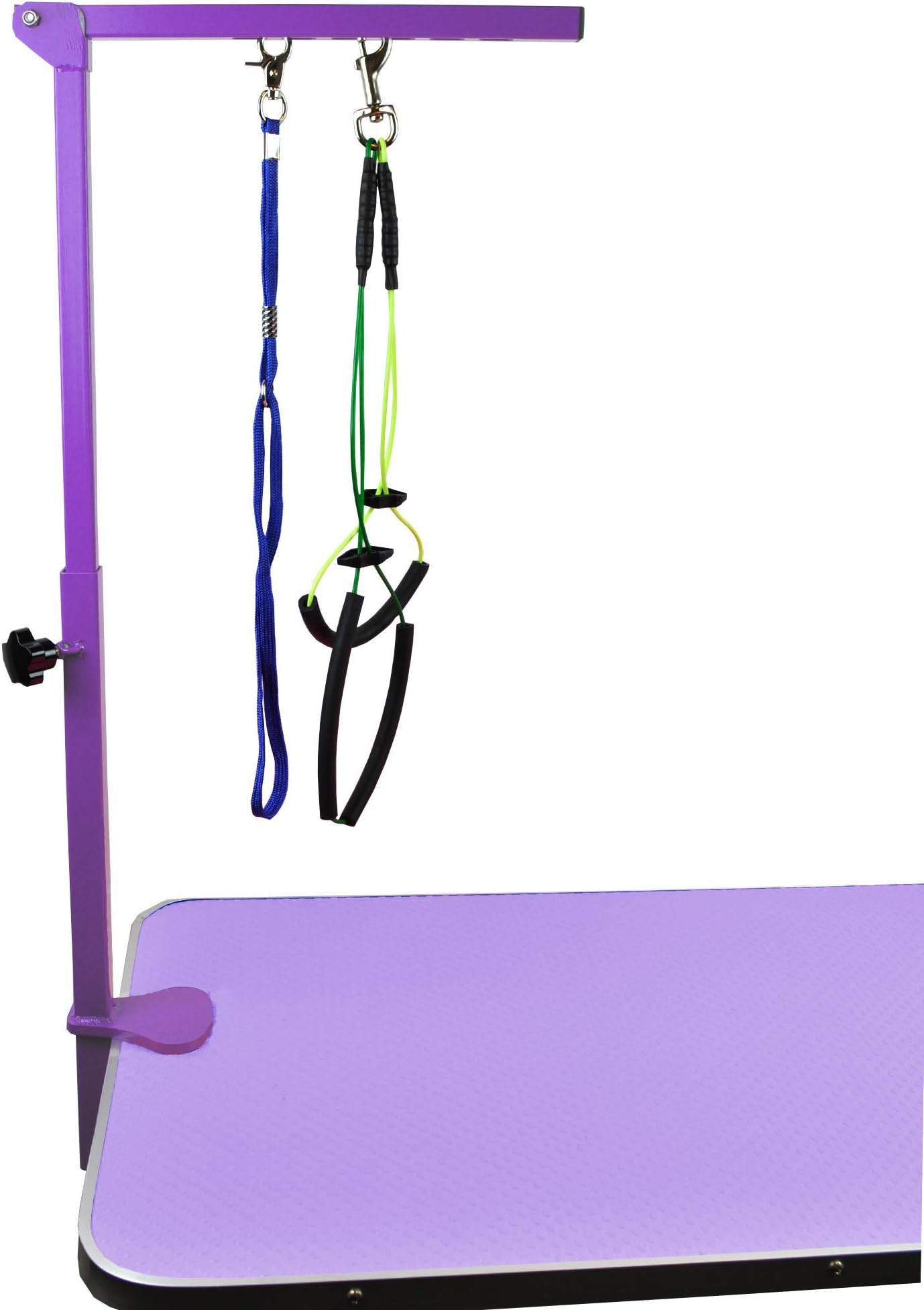 Downtown Pet Supply - Portable Dog Grooming Arm with Loop & Clamp for Pet Grooming Table - Dog Grooming Supplies 27in Foldable Purple Steel Arm with S/M (19 or 21in) No Sit Haunch Holder