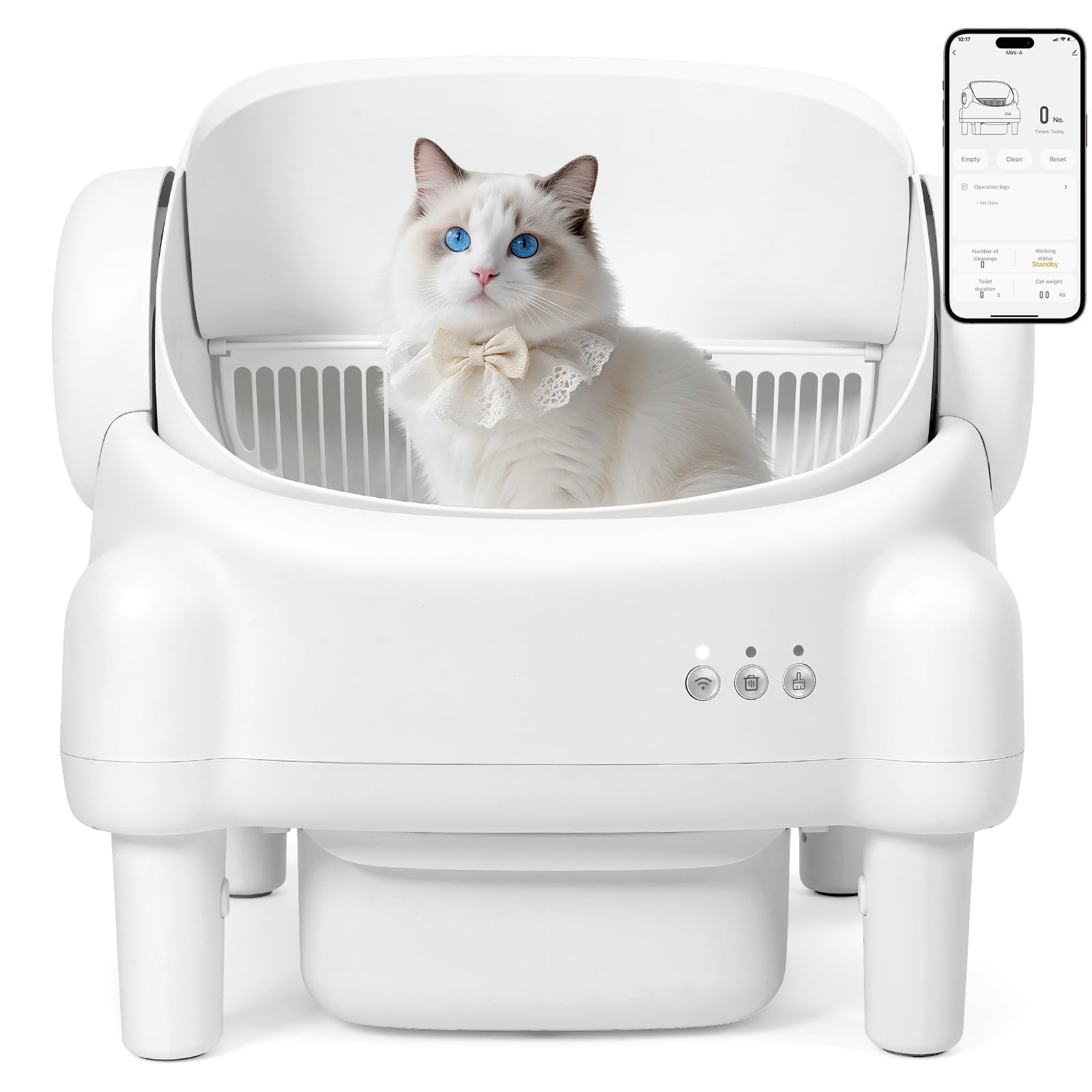 Self Cleaning Litter Box,Open Top Automatic Litter Box with App Control for Multiple Cats, Safety Sensors Protection, Odor Control Includes 2 roll Liners,Large Waste Bin, Cream White