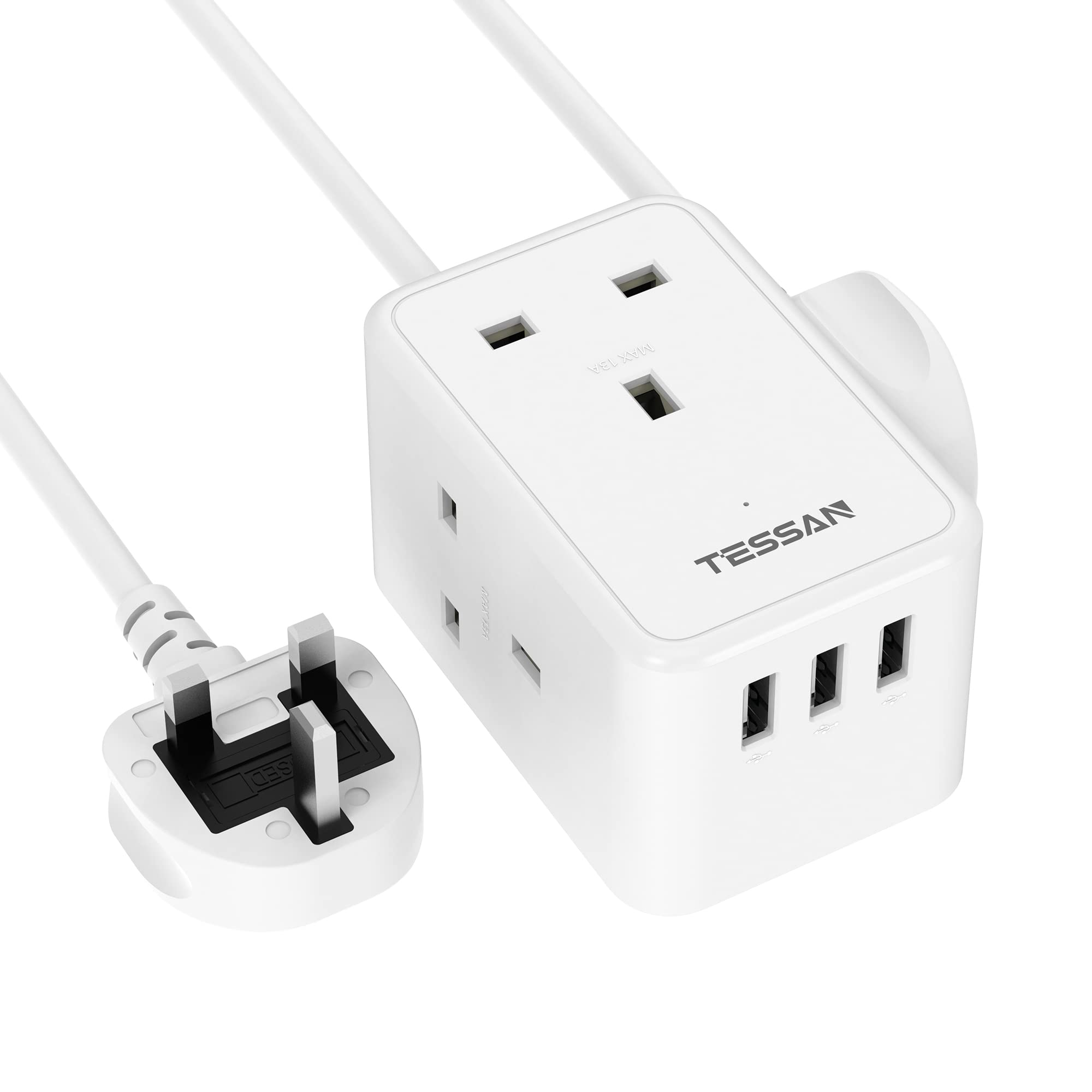 TESSAN Power Extension Cord 1.5M. Small Power Strip with 3 USB, Adapter Plug with 3 Multi Plug Outlets, Portable Wall Charger for Travel, Wall Mountable Charging Station for Home Office Accessories