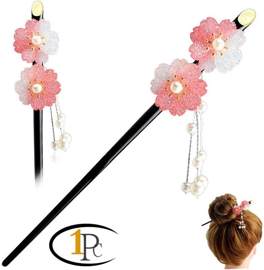 FINGER LOVE Glittered Gradient Flowers Acrylic Hair Stick with Pearl Tassels (Pink)