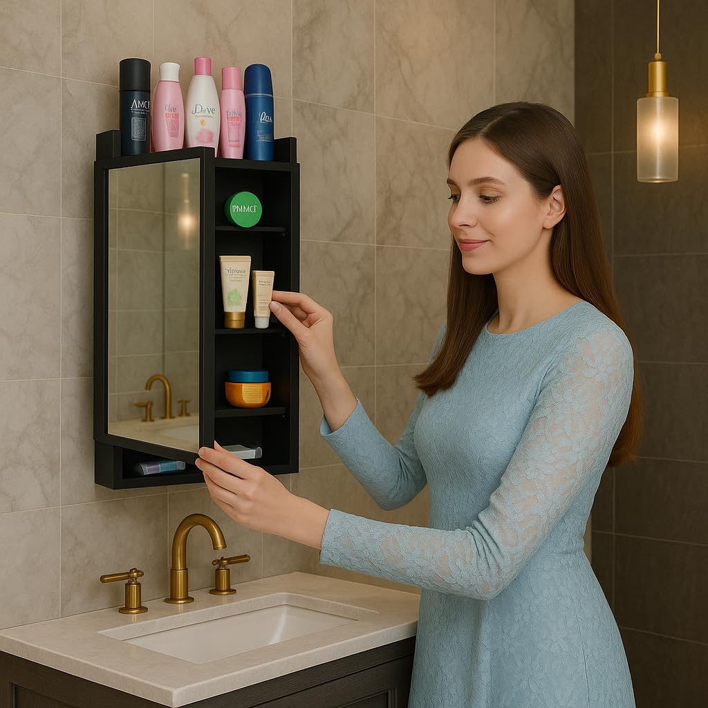 PARASNATH Rich Look with Mirror Black Colour Strong and Heavy Bathroom Cabinet with Mirror - Made in India