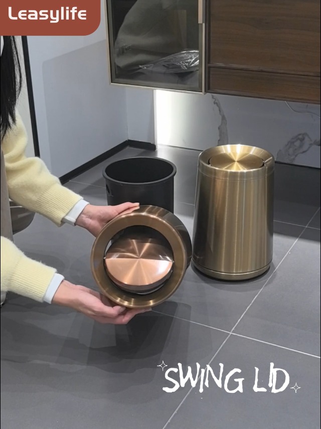 Image of 10 L /2.6Gallen,Swing Lid Gold Brass Trash Can,Brushed Nickel Garbage Can Bathroom with Flipping Lid,for Bathroom, Living Room,Bedroom,Hotel (Rose Gold)