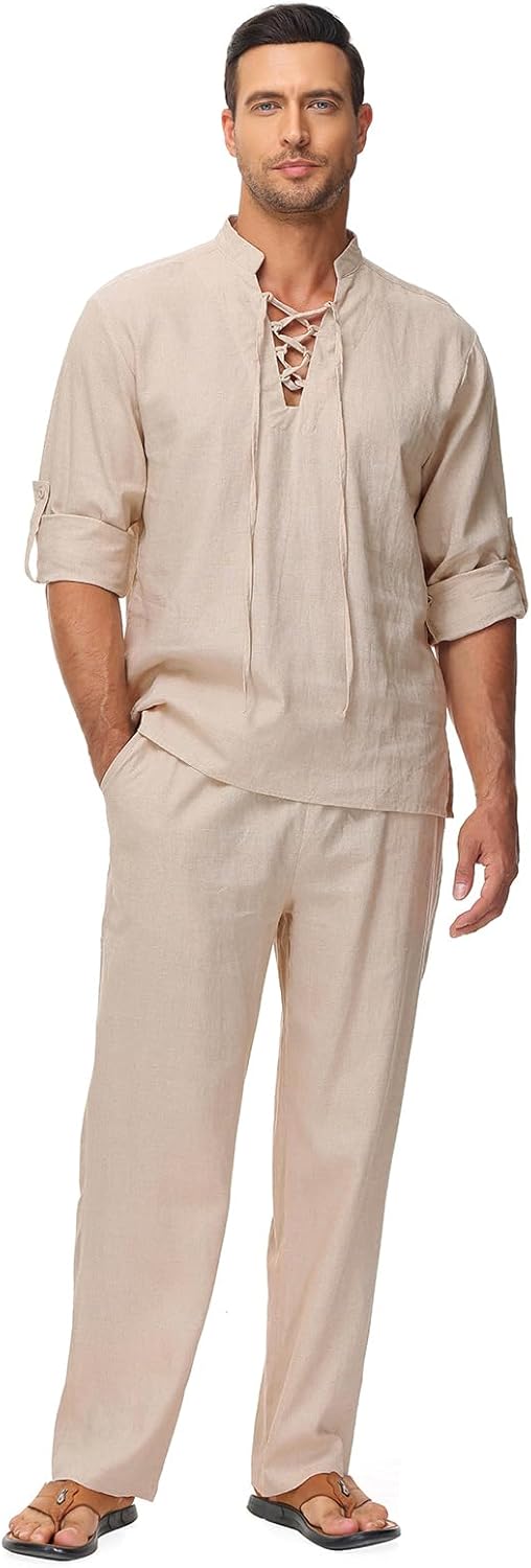 Lamgool Mens 2 Pieces Cotton Linen Set Long Sleeve Shirts Casual Drawstring Yoga Pants Summer Beach Wedding Outfits