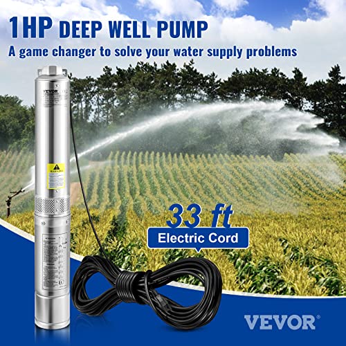 vevor deep well submersible pump 1hp 115v60hz 37gpm flow 207ft head with 33ft electric cord 434 stainless steel water pump for industrial irrigationamphome use ip68 waterproof grade