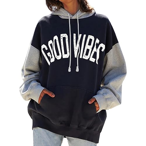 PESION Womens Pullover Hoodies Oversized Graphic Color Block Novelty Hoodie Sweatshirts with Pockets