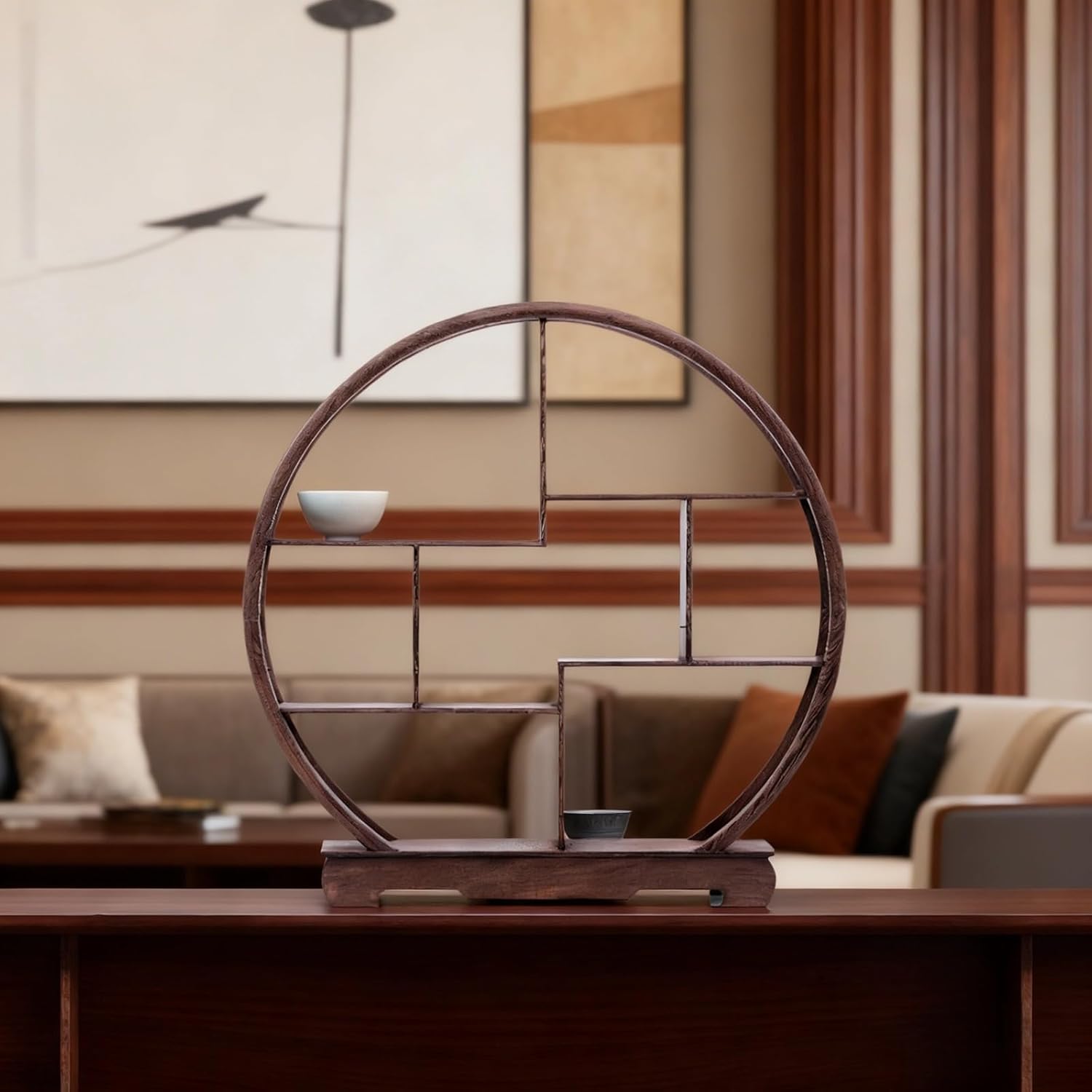 Teapot Display Rack, Brown Wooden Stand, Chinese Bogu Shelf, Multiple Compartments For Small Ornaments, Desktop Storage Organizer