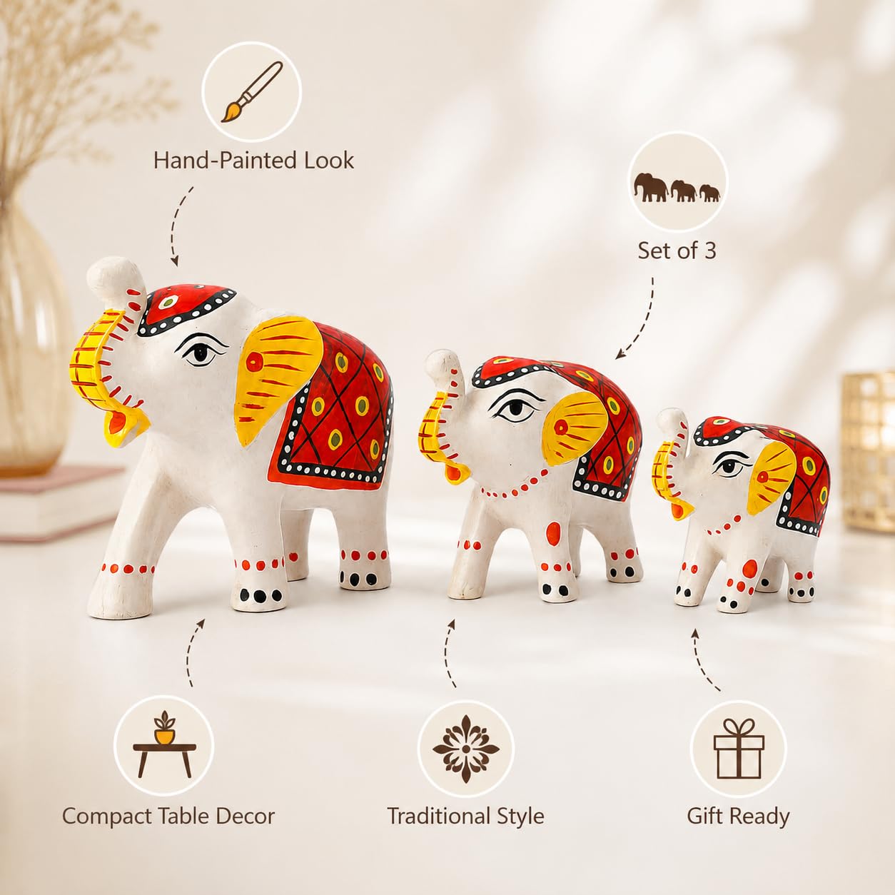 DreamKraft Paper Mache Elephant Showpiece Idols, White, Set of 3 1